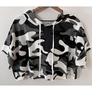 Fashion Nova Gray Camo Crop Hoodie Women Size Large Long Sleeve Boxy Nwt